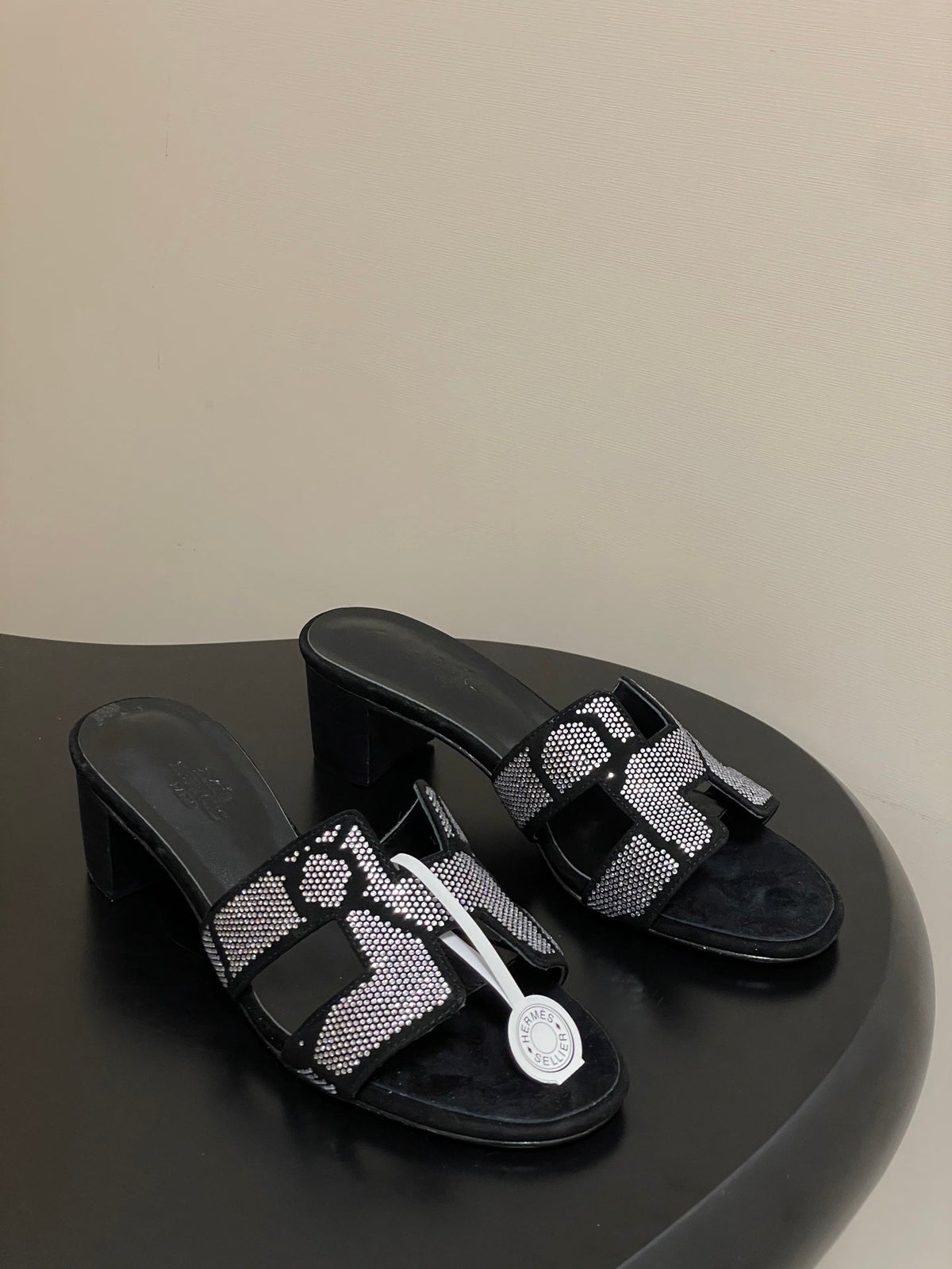 HERMES 25S ORAN HIGH‑HEEL SANDAL 50 MM IN BLACK LAMBSKIN WITH WHITE STONE DETAILS